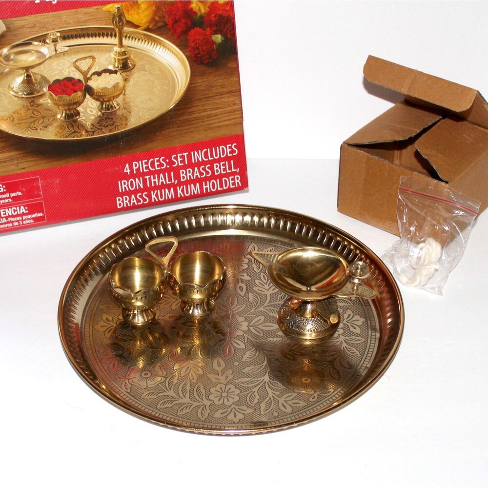 Diwali Puja Thali 4 piece set brass iron Diya Katori Pooja bell platter